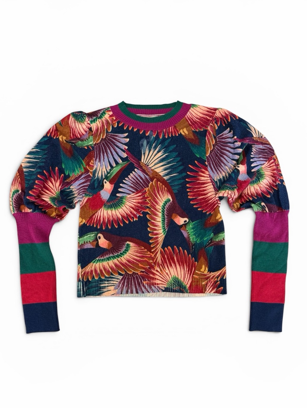 Farm Rio Mix Toucans Tropical Parrot Print Puff-Sleeve Sweater “Sample”